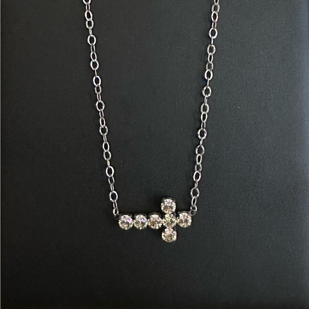 Elegant Silver crystal horizontal Cross Necklace